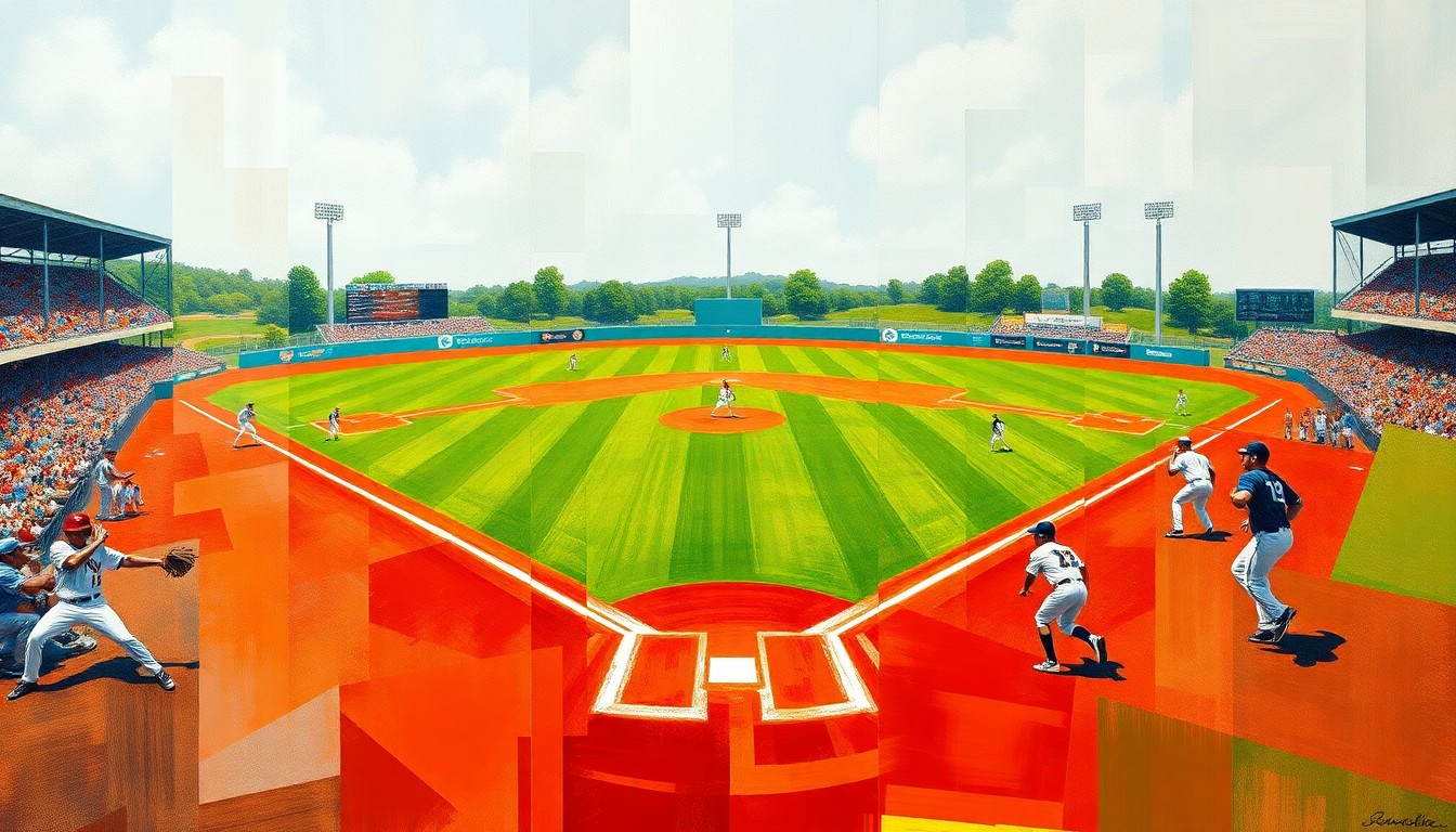 A fragmented, geometric painting depicting the dynamic movements and competing perspectives of a high school baseball game, with players, field, and equipment broken down into sharp, overlapping planes of color.