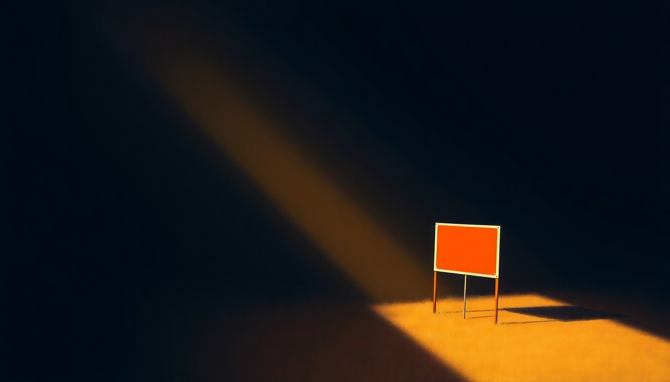 A cinematic painting of a solitary political campaign sign or yard sign, bathed in warm, diagonal sunlight and deep shadows, conveying a sense of quiet contemplation and the personal impact of the electoral process.