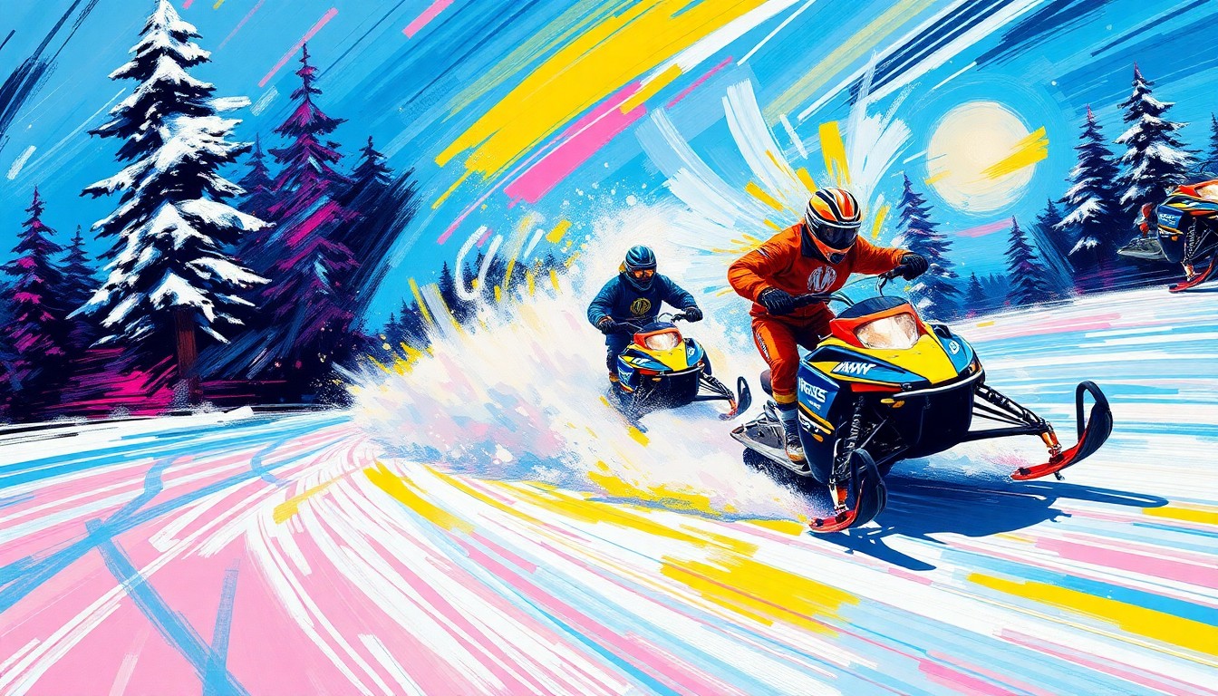 An abstract, energetic painting in neon colors depicting the speed and motion of snowmobile racing on a snowy track, capturing the excitement and spectacle of the event.