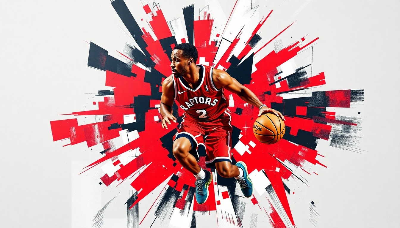 A fragmented, geometric painting depicting a basketball player in motion, with sharp planes of red, black, and white colors representing the Toronto Raptors' team colors.