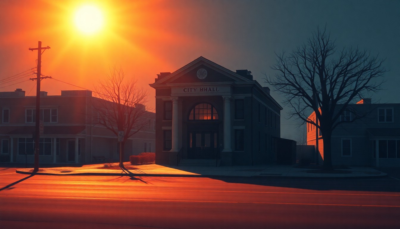 A warm, nostalgic painting of a city hall building in soft, golden light, conveying the civic importance of an upcoming local referendum.