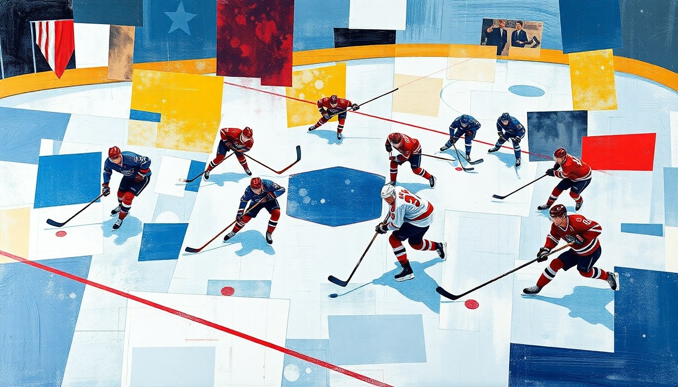 A cubist, geometric painting depicting a hockey game, with fragmented shapes and planes representing the players, puck, and ice surface in motion.