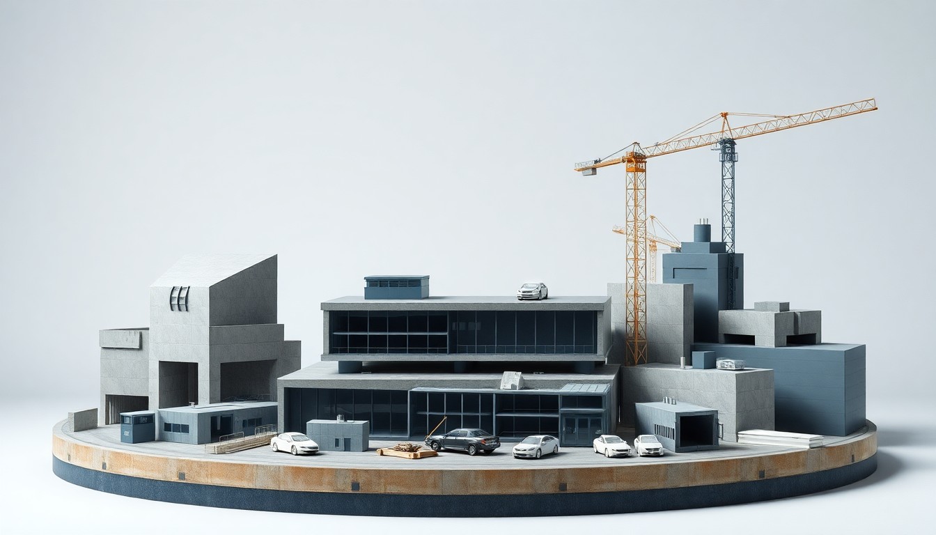 A minimalist studio still life photograph featuring a collection of sleek, polished architectural models and construction materials in shades of gray, black, and steel blue, conceptually representing the ongoing transformation of the Dallas convention center.