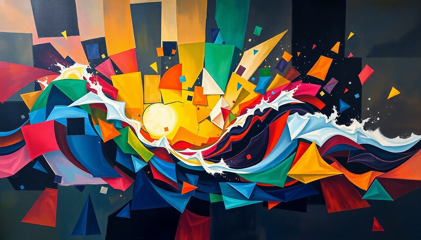 An abstract, fragmented painting in shades of red, orange, and purple, depicting the chaotic and overlapping forces at play in the ongoing conflict between the Gulf states and Iran.