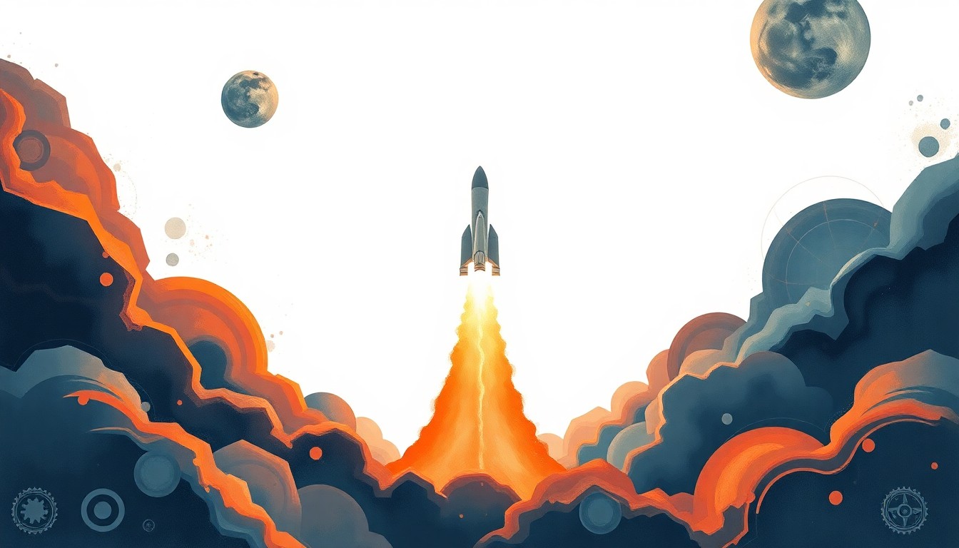 An abstract painting featuring bold geometric shapes and sweeping arcs of energy in a palette of blues, oranges, and grays, conceptually representing the complex forces and precise calculations behind a rocket launch to the moon.