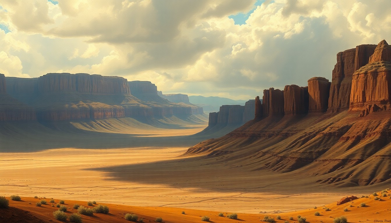 A vast, atmospheric landscape painting in muted earth tones, with a hazy, melancholic quality that dwarfs any physical structures or objects within the frame, conveying the overwhelming scale and sublime power of the natural world.