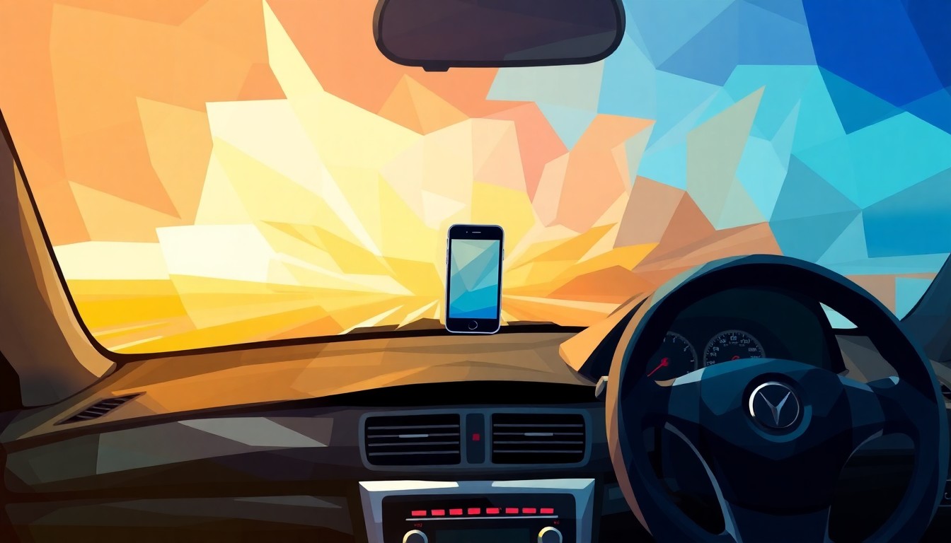 A fractured, abstract painting of a car dashboard with a mobile phone floating in the center, surrounded by overlapping, colorful geometric shapes and waves of motion, conceptually representing the dangerous distraction of driving while using a handheld device.