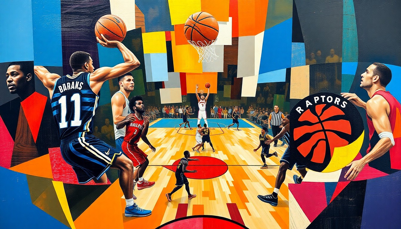 A fractured, cubist-style painting depicting the forms of basketball players in motion, broken down into sharp, overlapping geometric planes of vibrant colors representing the Orlando Magic and Toronto Raptors.