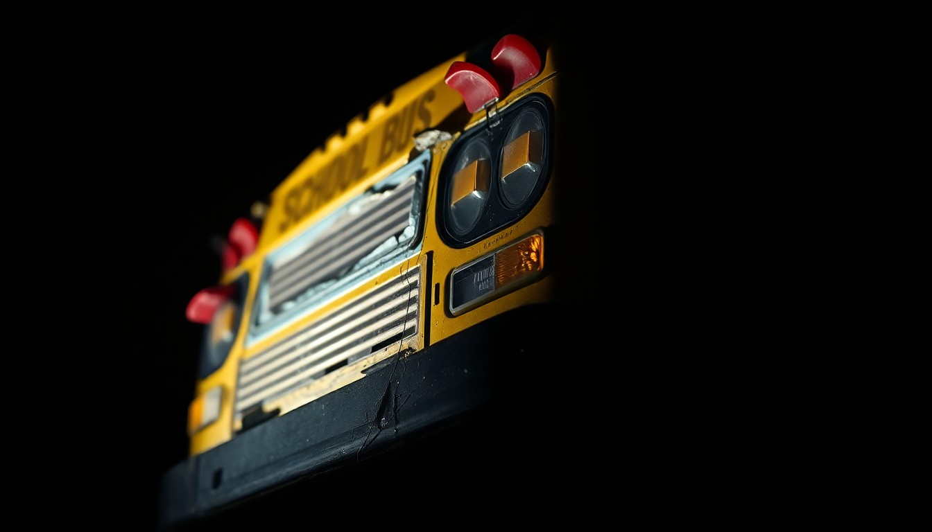 An extreme close-up photograph of a damaged school bus part or piece of evidence from the crash site, lit by a harsh, direct camera flash against a pitch-black background, conveying the stark, gritty, investigative nature of the NTSB's work.