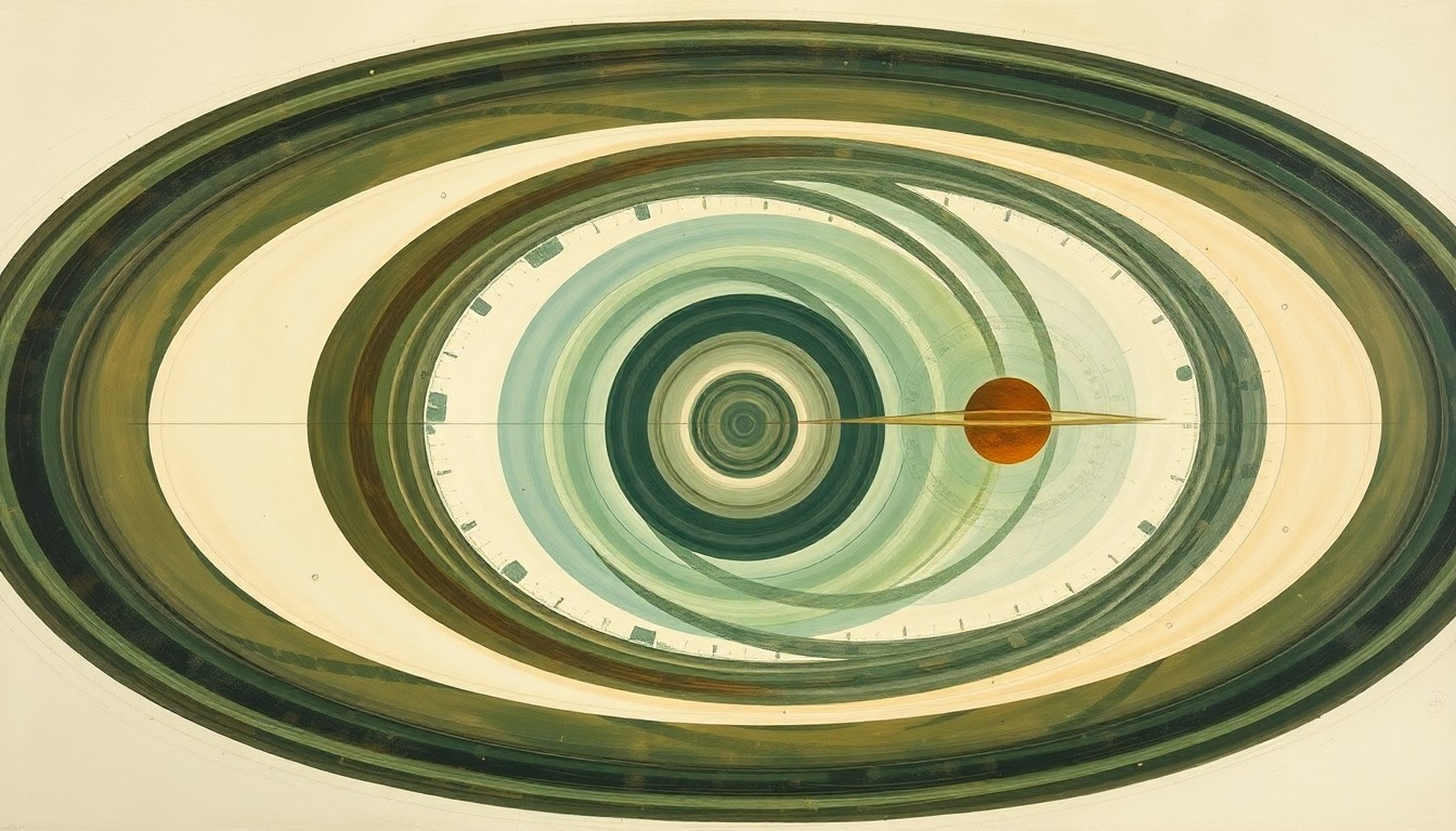 A bold, abstract painting in earthy tones of green, blue, and brown, featuring sweeping geometric arcs, concentric circles, and precise botanical spirals, conceptually representing the complex scientific forces and concepts related to the chemistry of life beyond Earth.