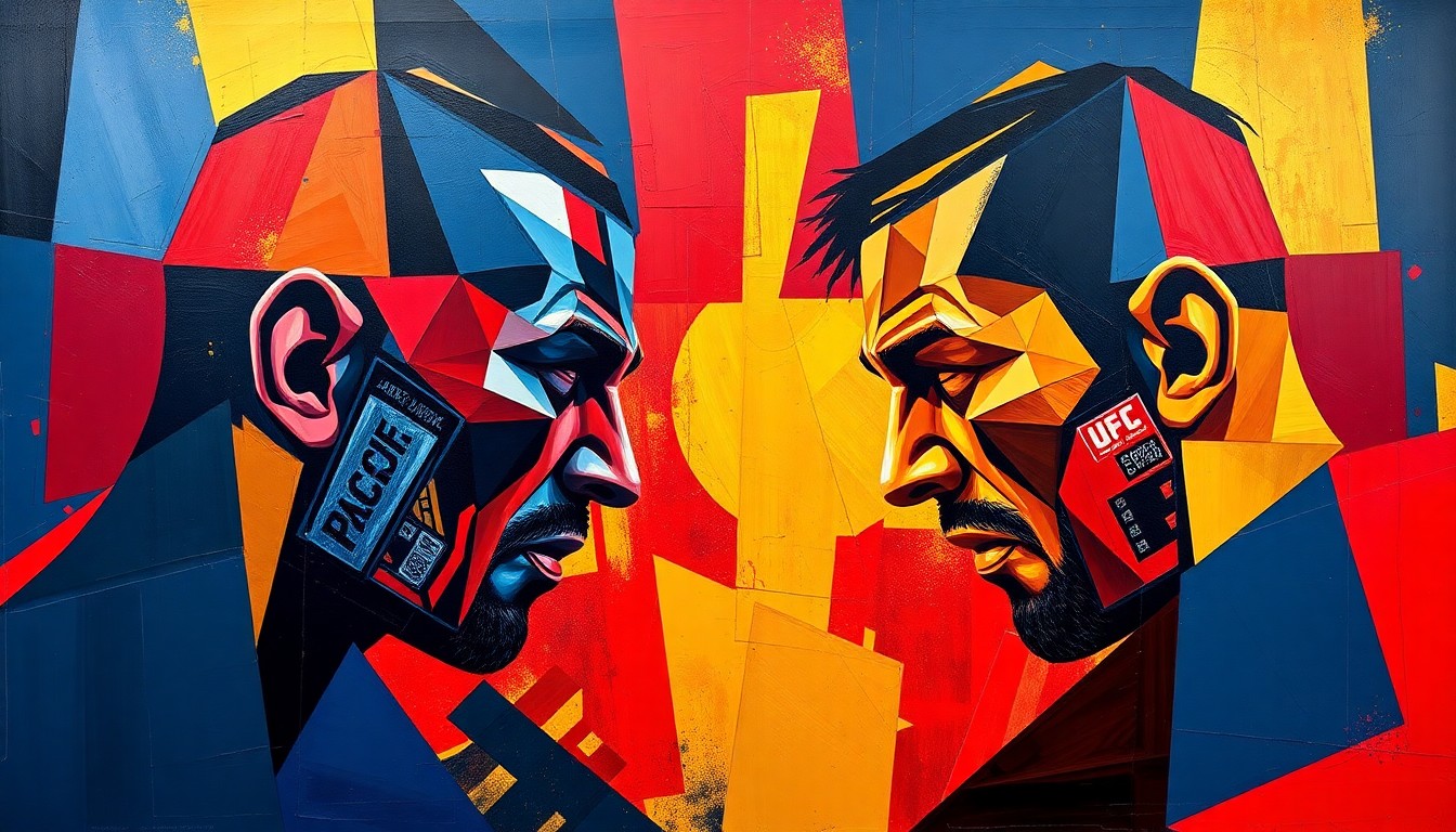 A fragmented, geometric painting depicting the movements and action of a UFC lightweight fight, with sharp planes of navy, crimson, and gold colors overlapping to create a dynamic, abstract visual representation of the matchup.