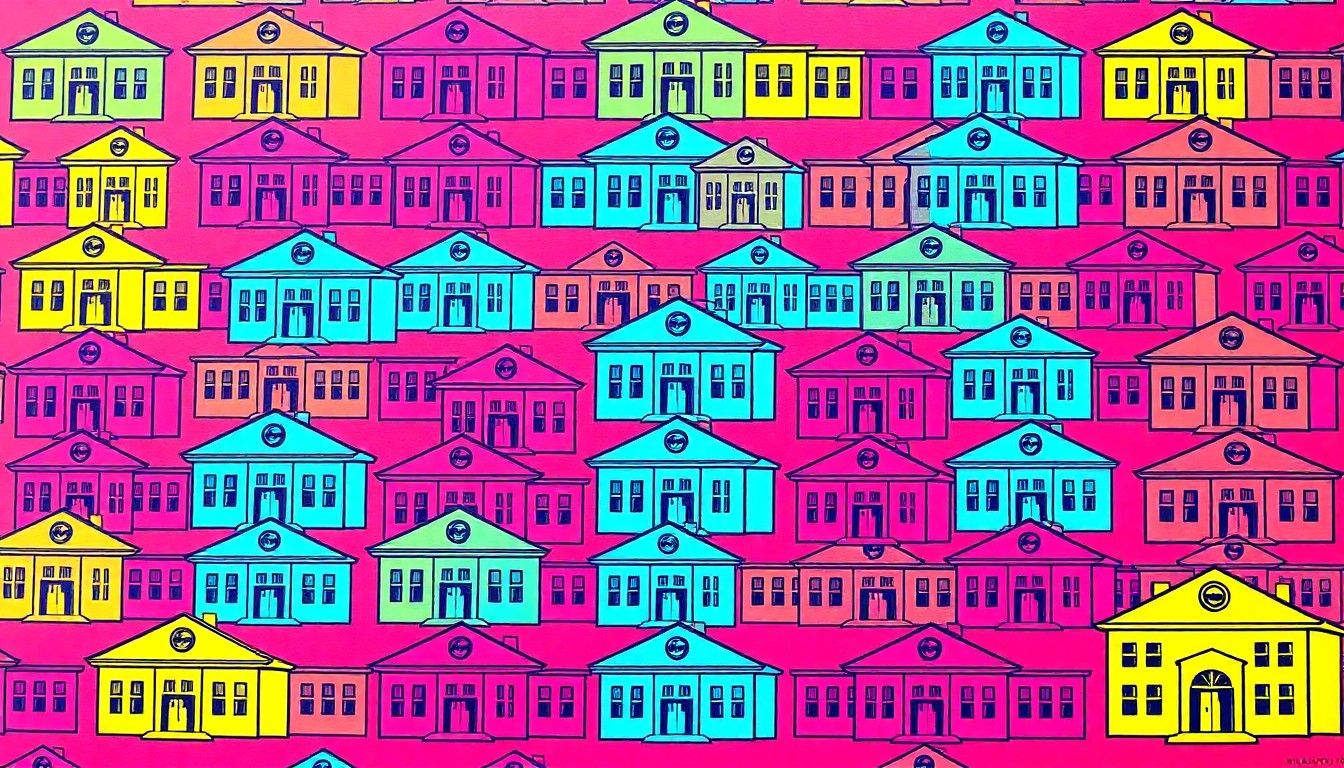 A bold, colorful silkscreen-style illustration featuring a repeating icon of a school building in a grid pattern, using a palette of neon pink, yellow, and blue to convey the celebratory spirit of the community supporting its local education system.