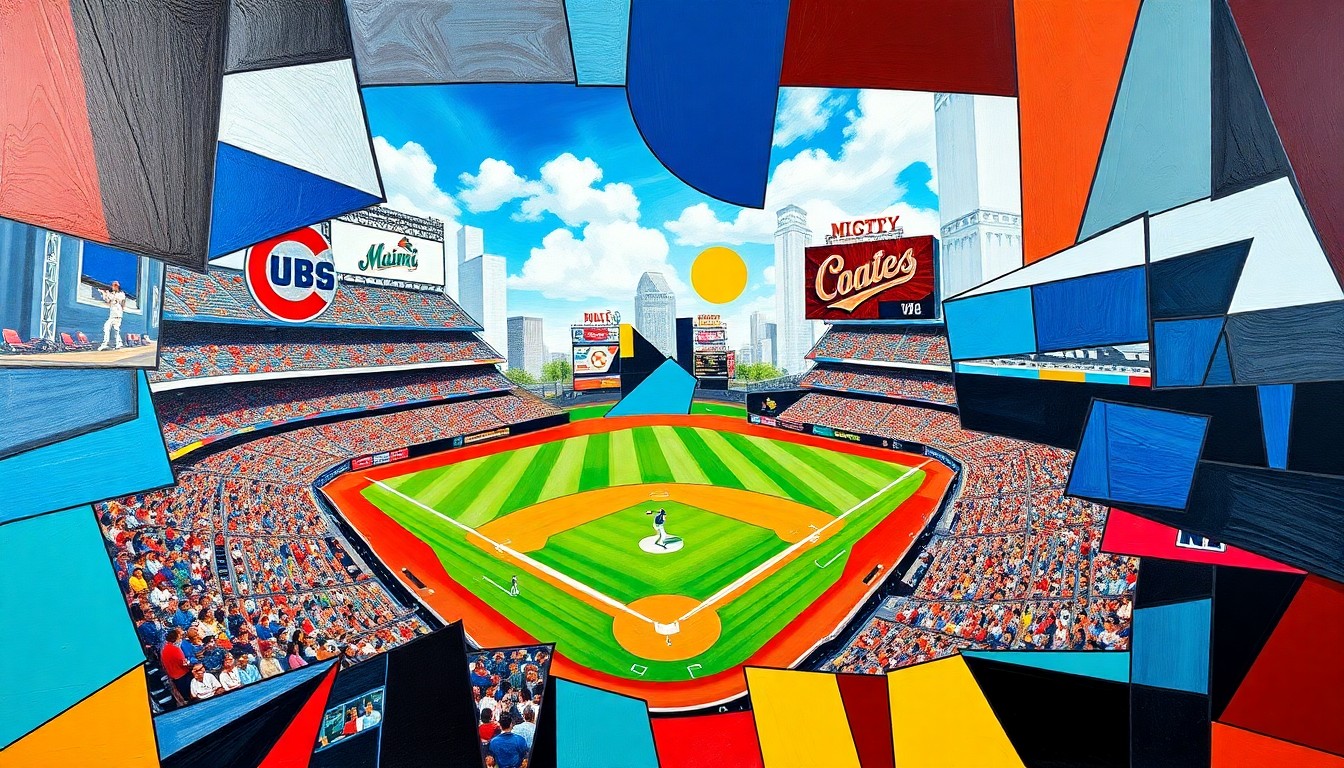 A fractured, abstract painting depicting overlapping geometric shapes and planes in vibrant blue, red, white, teal, black, and yellow colors, conceptually representing the dynamic action and competing forces of a baseball game.