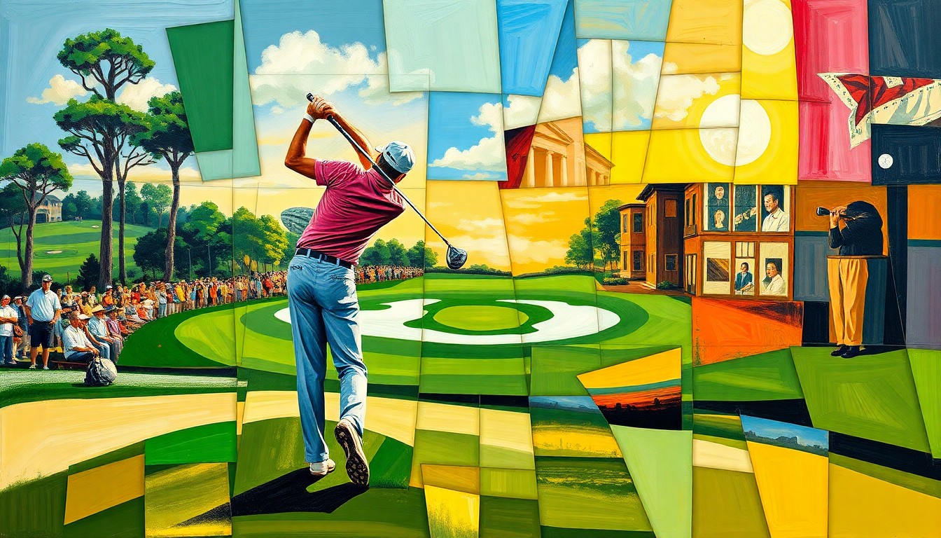 A fragmented, geometric painting depicting a golfer swinging a club on the fairway of an iconic golf course, conveying the sport's precision and the fleeting nature of life.