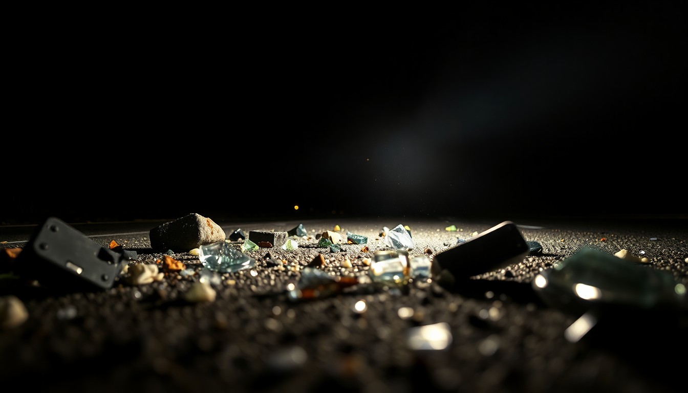 An extreme close-up photograph of car debris and broken glass on the highway, conceptually illustrating the aftermath of a serious crash on the interstate.