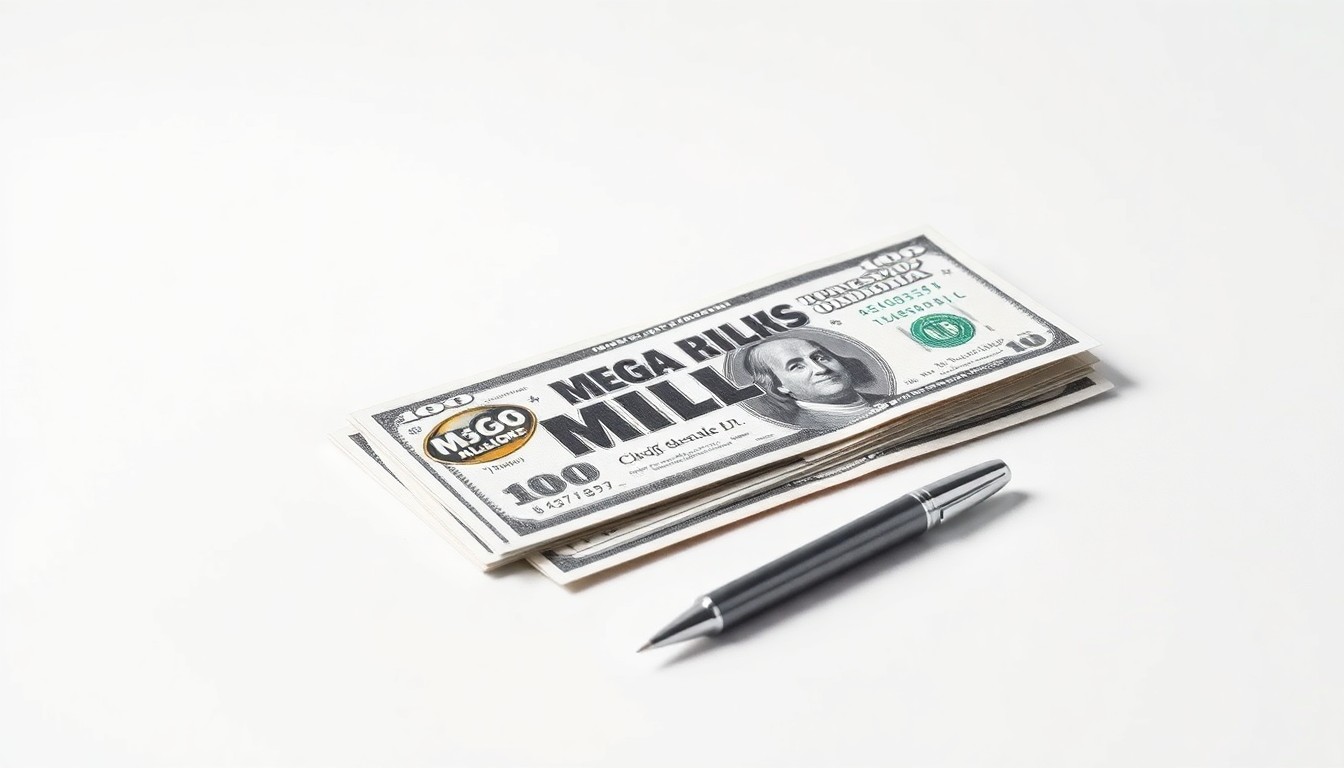 A high-end, photorealistic studio still-life photograph featuring a stack of Mega Millions lottery tickets, a pen, and a crisp US dollar bill arranged elegantly on a clean, white seamless background, conceptually representing the abstract concepts of risk, finance, and unexpected wealth.