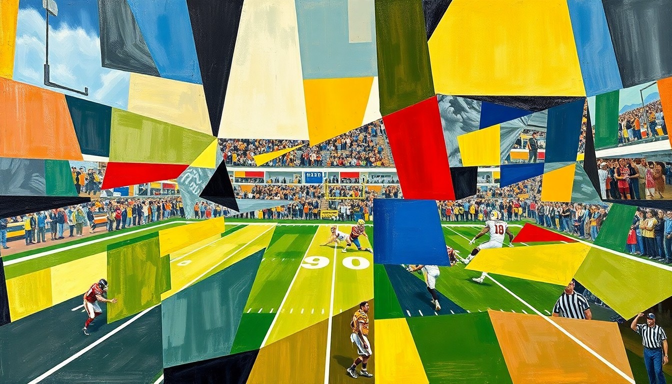 A cubist, geometric illustration depicting fragmented, overlapping shapes and planes that abstractly represent an NFL meeting or football game, conveying the complex, multi-faceted nature of the league's decision-making process.