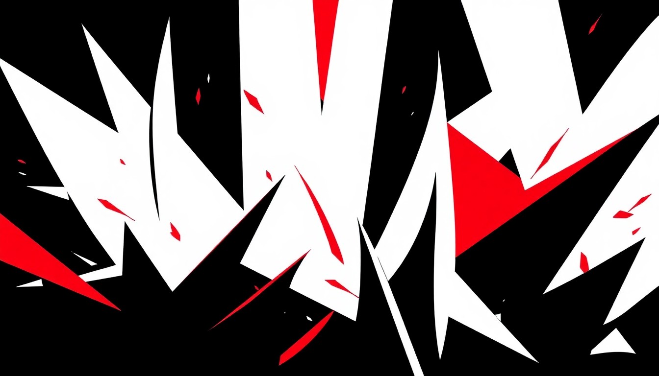 A dynamic, abstract composition of bold black shapes and lines against a bright red background, conceptually representing the high-stakes world of network television programming.