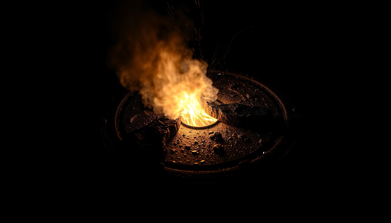 An extreme close-up photograph of a charred, twisted manhole cover against a pitch-black background, conveying the sudden, dangerous nature of the explosion through dramatic lighting and stark composition.