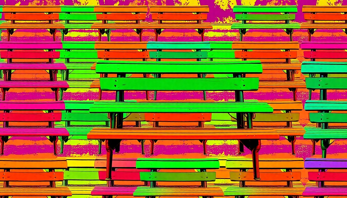 A brightly colored, high-contrast silkscreen print of a park bench repeated in a tight grid pattern, using flat, vibrant neon colors and heavy black outlines to transform an everyday object into modern pop art.