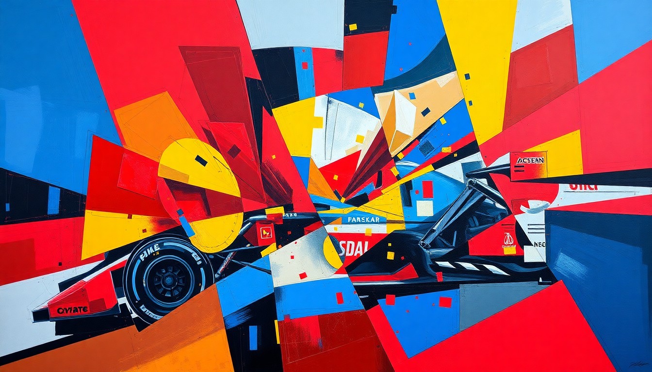 A fragmented, cubist-style painting depicting an IndyCar crash scene, with the vehicle and surrounding environment broken down into sharp, overlapping geometric shapes and planes of vivid red, blue, and yellow.