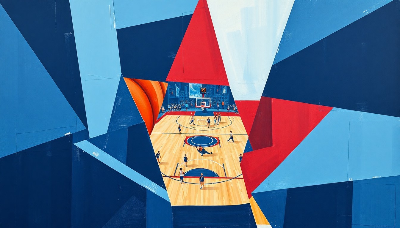 A cubist, geometric painting depicting the fragmented action of a women's basketball game, with sharp planes of navy, powder blue, and crimson red conveying the complex strategic nature of the sport.