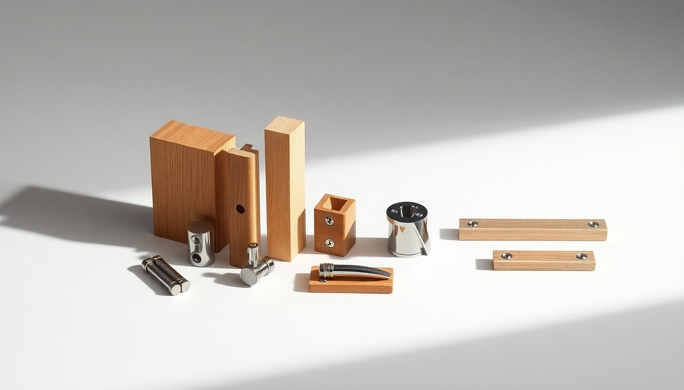 A high-end studio still life photograph featuring a selection of premium, polished wooden door hardware components like hinges, handles, and edge guards, arranged elegantly on a clean, monochromatic background to conceptually represent the abstract ideas of logistics, supply chain management, and quality control in the wooden door industry.