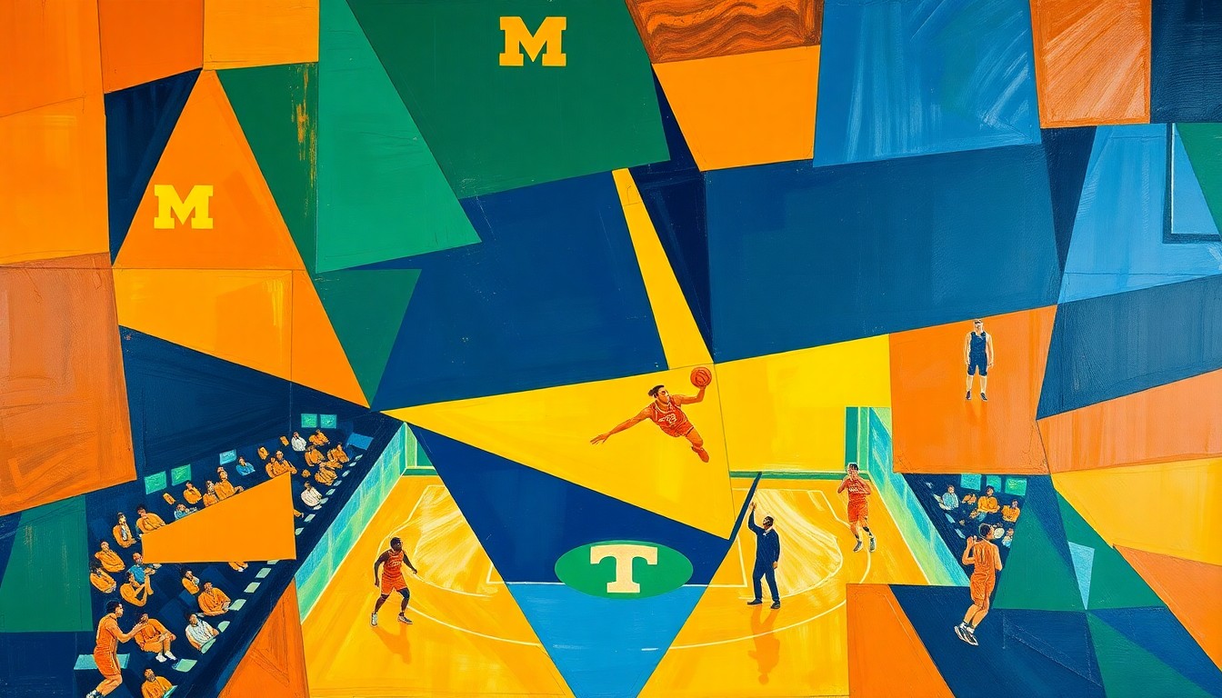 A fragmented, geometric painting depicting the dynamic action and energy of a high-stakes basketball game, with sharp planes of blue, orange, and green hues representing the competitive clash between the two teams.