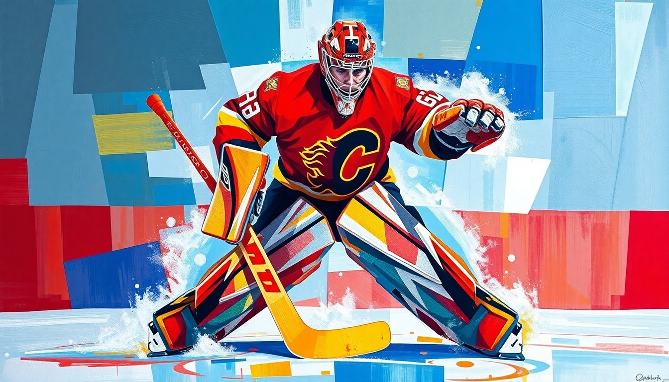 A fragmented, geometric painting depicting a hockey goaltender making a save, with sharp planes of color representing the players and action on the ice.