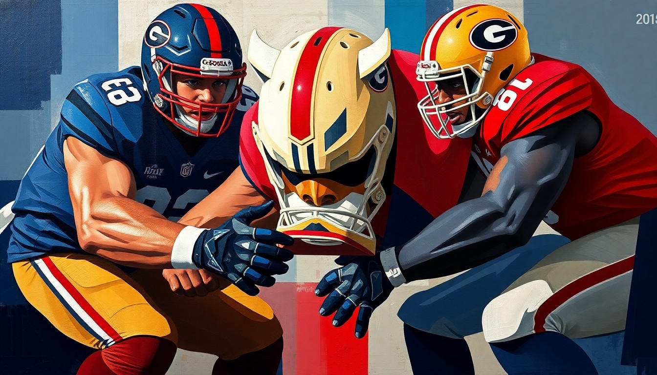 A cubist, geometric painting depicting an offensive lineman's blocking motion, with sharp planes of navy blue, red, and gold representing the Georgia Bulldogs colors.