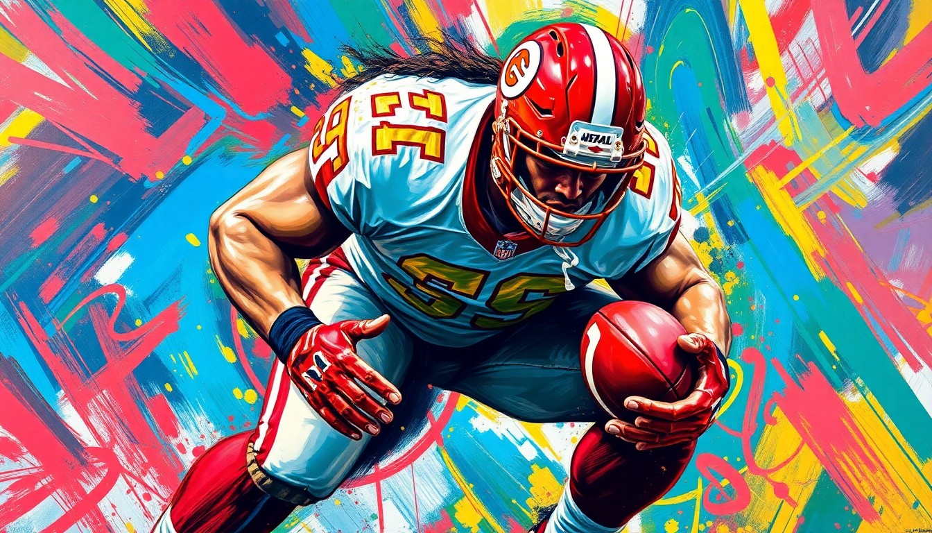 A vibrant, abstract painting using bold brushstrokes and neon colors to depict the explosive power and movement of an NFL defensive lineman in action, conceptually representing the Cowboys' signing of Jonathan Bullard.