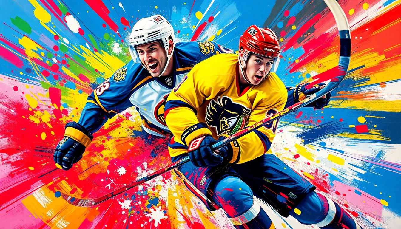 An abstract, energetic painting featuring bold, neon-colored brushstrokes that capture the dynamic movements and raw athleticism of a hockey player in action, without any identifiable faces or logos.