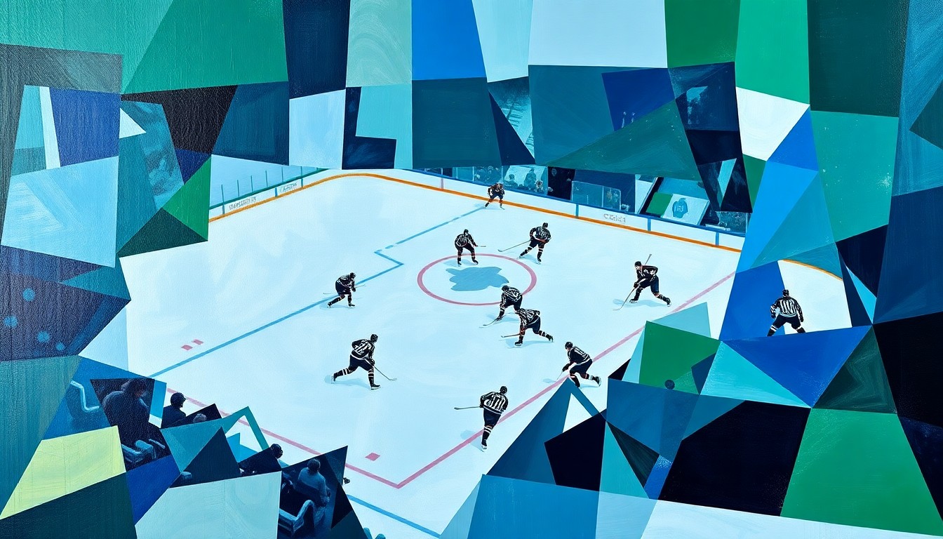 A fractured, geometric painting depicting a hockey game between the Winnipeg Jets and Chicago Blackhawks, with the players and action on the ice broken down into abstract, angular forms in a palette of blues, greens, and grays.