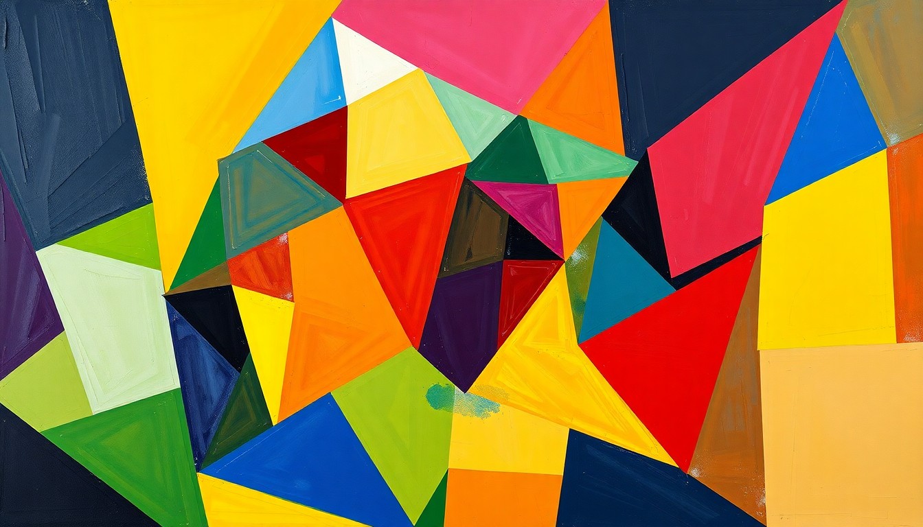 A cubist-style painting depicting a basketball game broken down into overlapping geometric shapes and planes of color, representing the dynamic action and competition of the match.