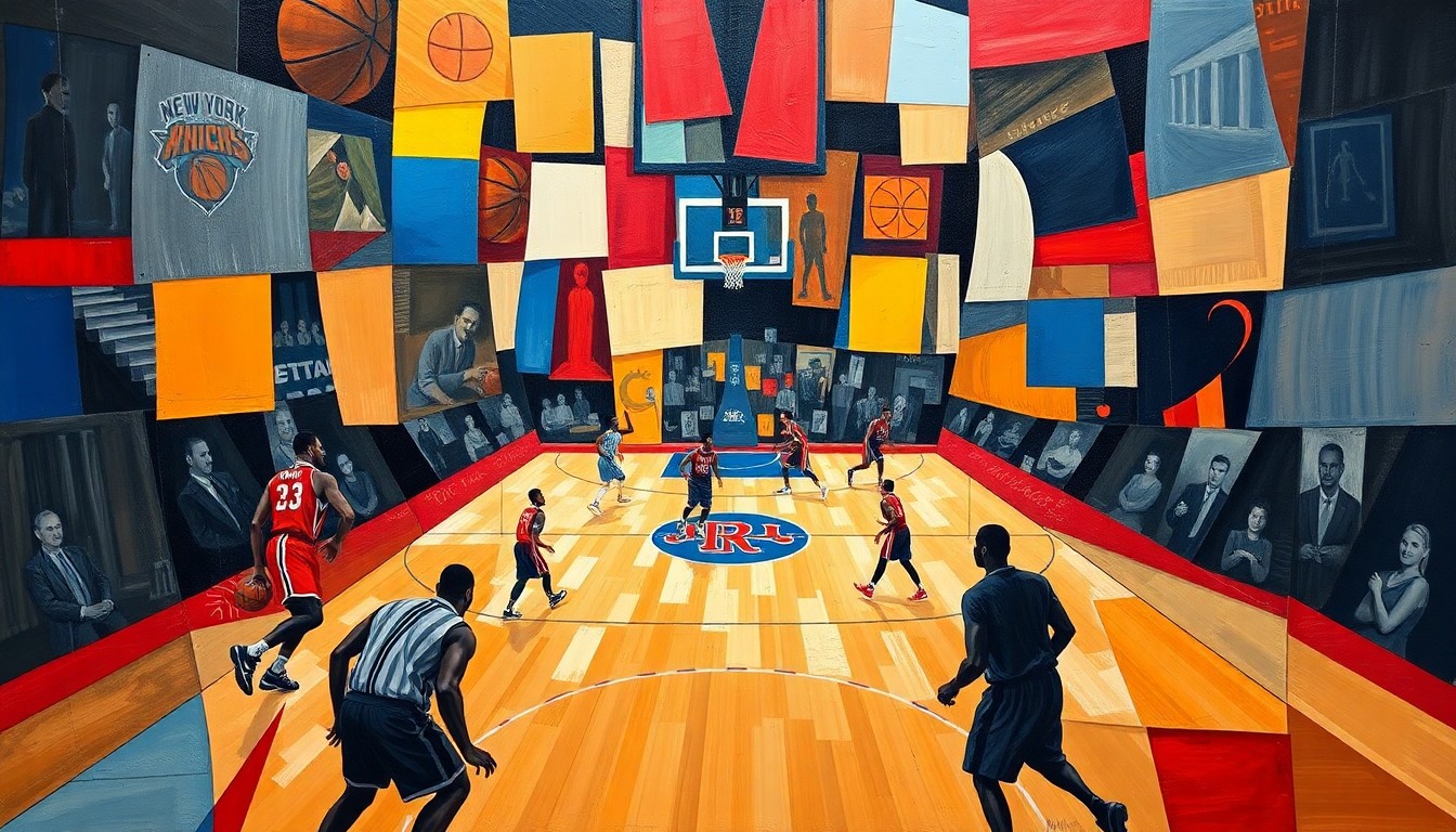 A cubist, geometric painting depicting the action of a basketball game between the New York Knicks and Houston Rockets, with the players' movements and the court's lines broken down into sharp, overlapping planes of color.
