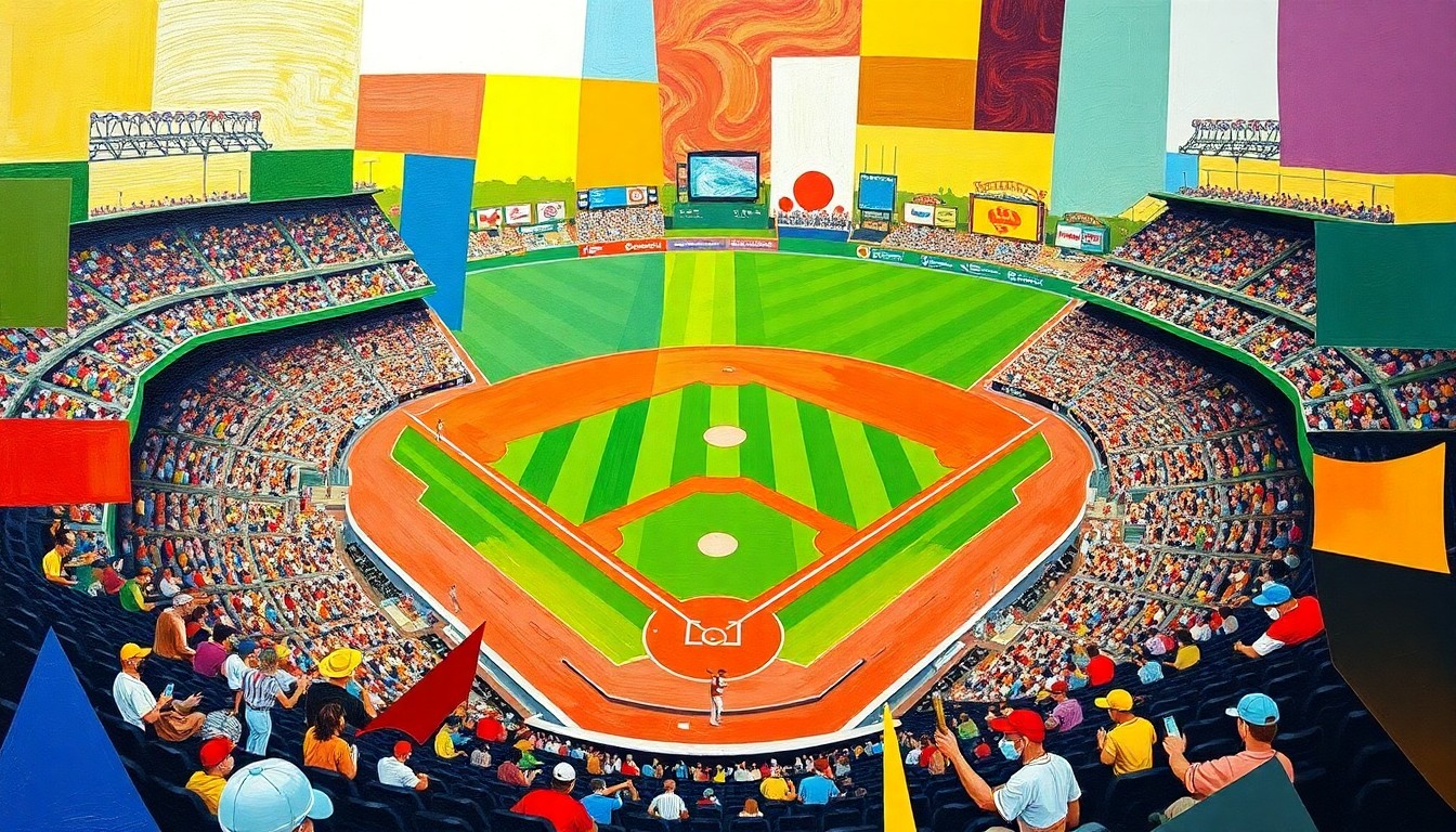 A cubist, geometric painting depicting a baseball game broken down into overlapping planes of bright red, blue, and yellow, conveying the disruptive impact of the new automated strike zone technology.