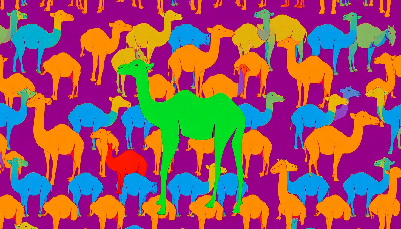 A brightly colored, high-contrast silkscreen print of a stylized camel figurine repeated in a tight grid pattern, capturing the playful energy and community pride surrounding the arrival of baby Cora the camel in John Day.