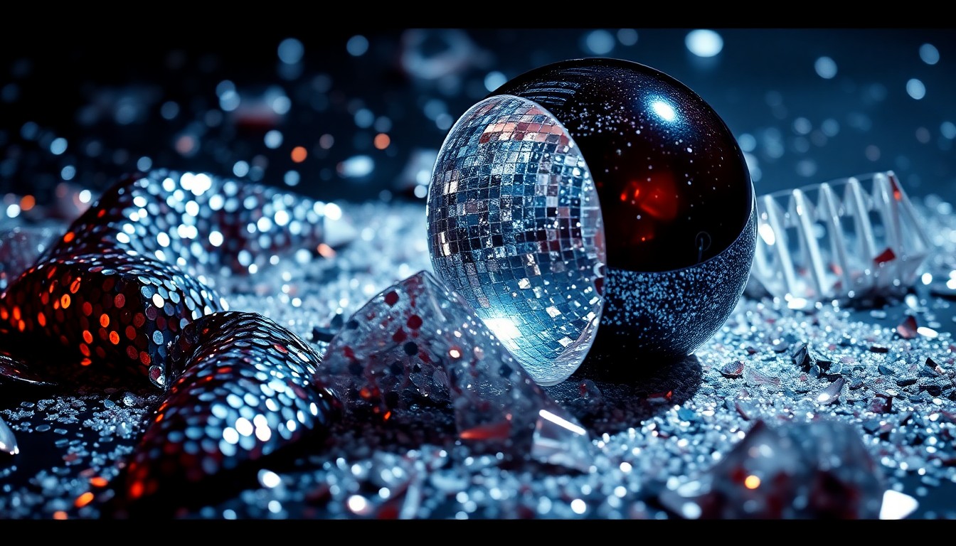 An extreme close-up photograph of shimmering sequins and shattered glass, creating a high-contrast, high-fashion texture that abstractly represents the glamour and drama of the entertainment industry.