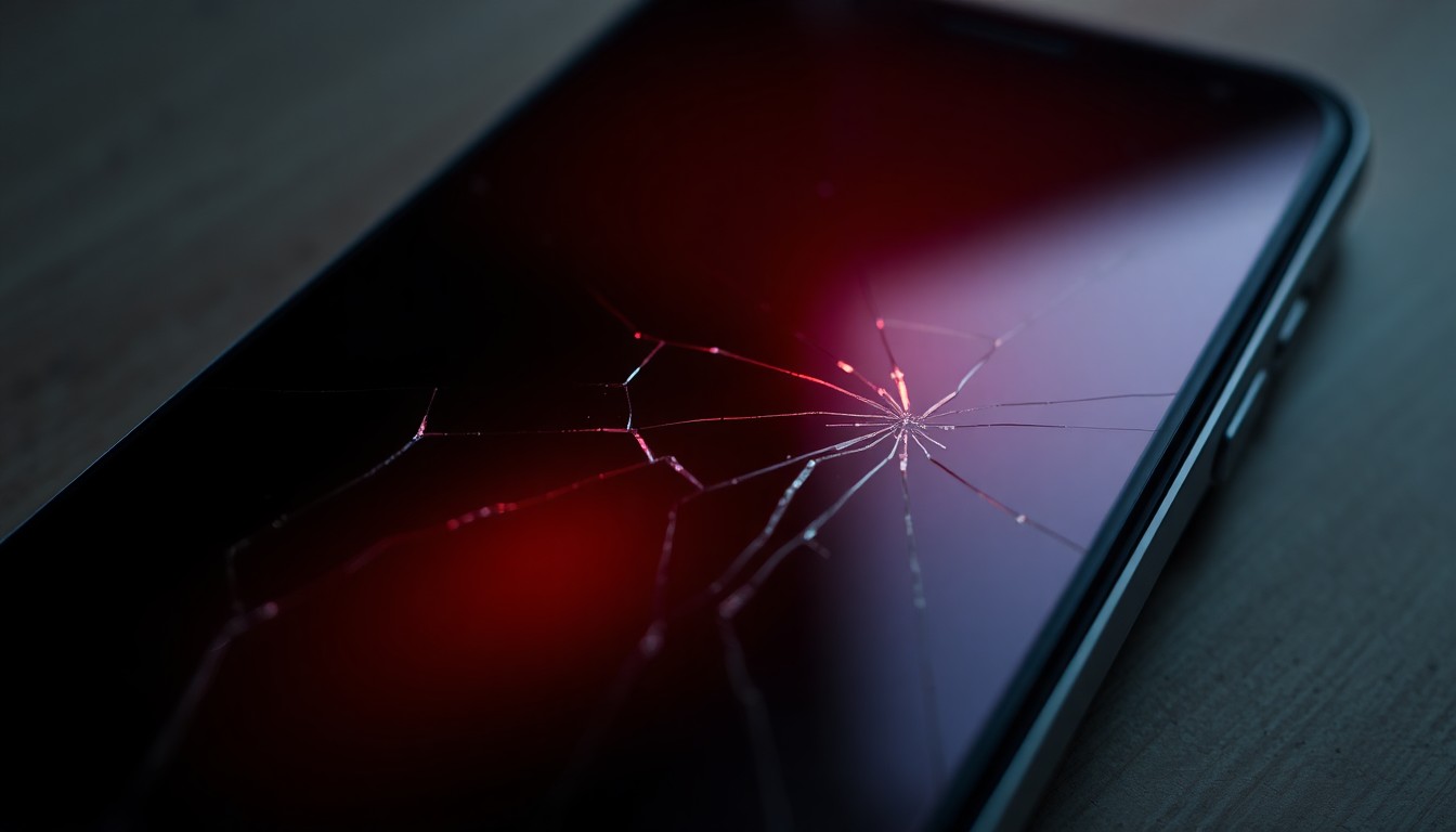 An extreme close-up photograph of a cracked smartphone screen reflecting a dim, red emergency light, conceptually representing the violation of trust and privacy in this case of alleged teacher misconduct.
