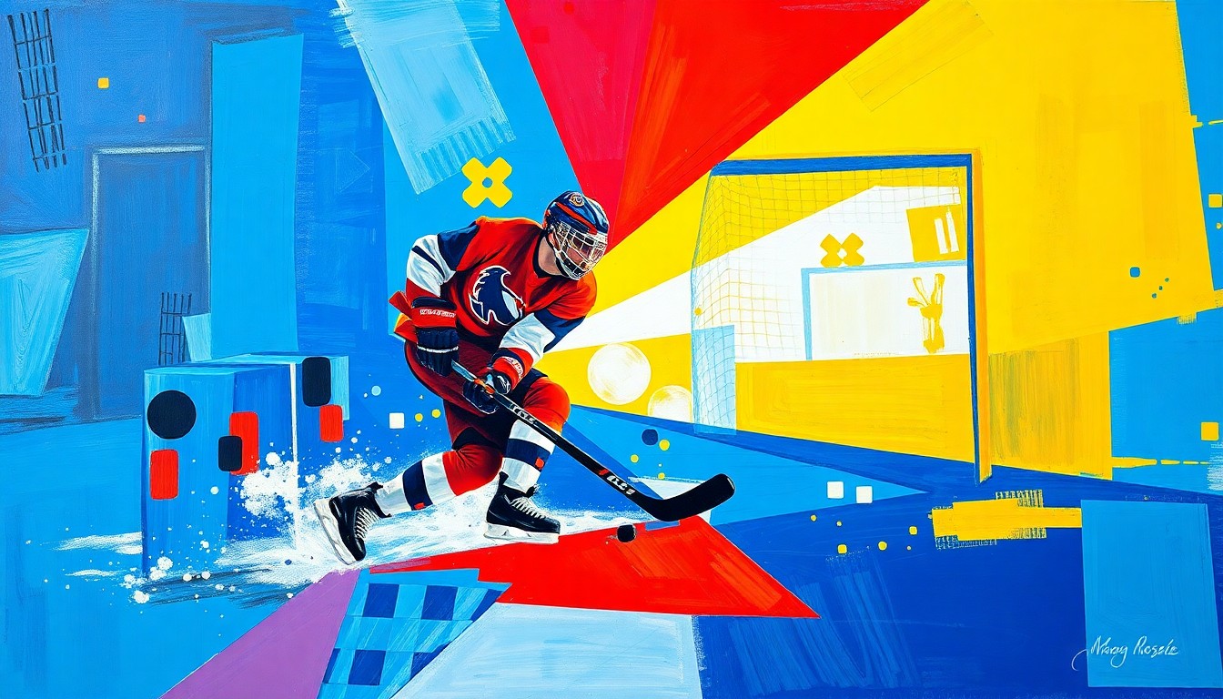 A cubist-style painting depicting a hockey player scoring a goal, with the player's body and the puck broken down into overlapping geometric shapes in bright blue, red, and yellow colors.
