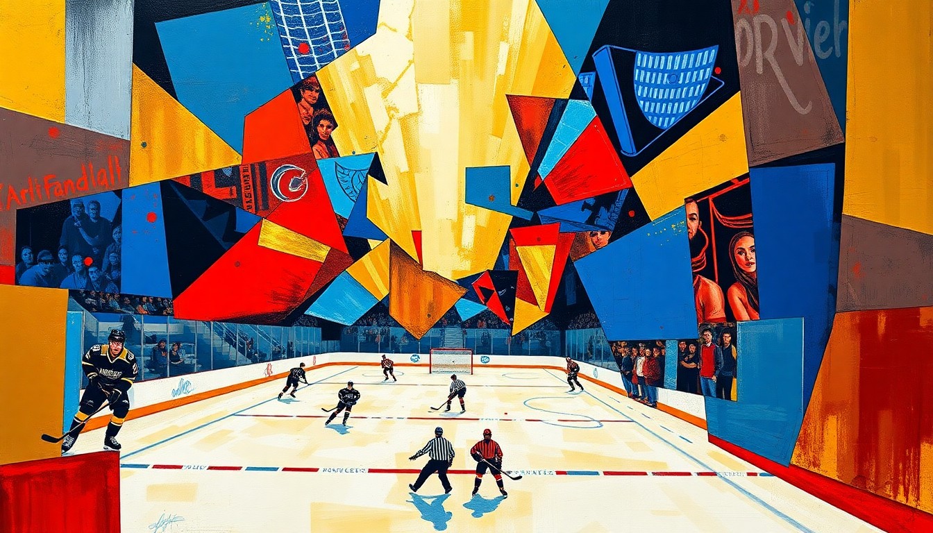 A cubist, geometric painting depicting a hockey game or match, with sharp, overlapping planes of color representing the fast-paced action and strategic movements of the players on the ice.