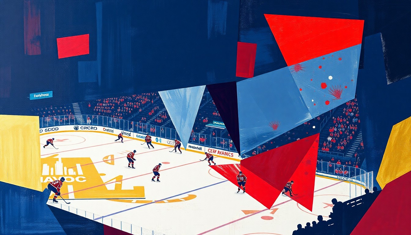 A cubist-style painting depicting a Huntsville Havoc hockey game, with the ice, players, and spectators broken down into sharp, overlapping geometric shapes in a palette of navy, red, and gold, conveying the dynamic energy of the sport.