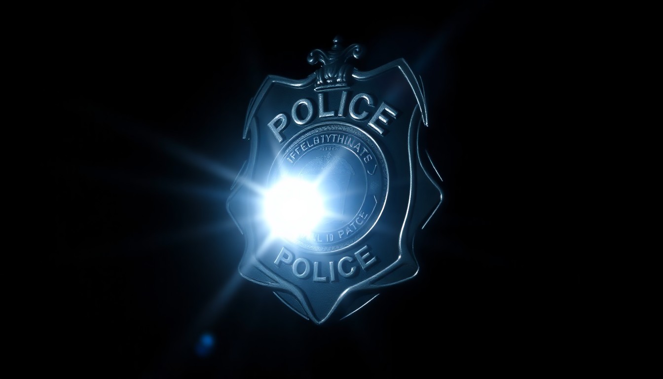 An extreme close-up of a police badge reflecting a harsh, direct camera flash against a pitch-black background, conceptually illustrating the investigation into a police shooting incident.