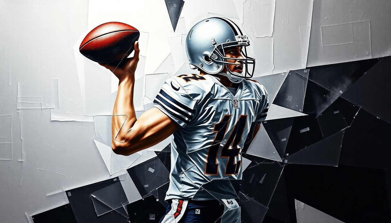 A fragmented, geometric painting depicting a quarterback in motion, the player's form broken down into sharp, overlapping planes of silver, black, and metallic colors, conveying the strategic challenges the Raiders face in addressing their QB depth chart.