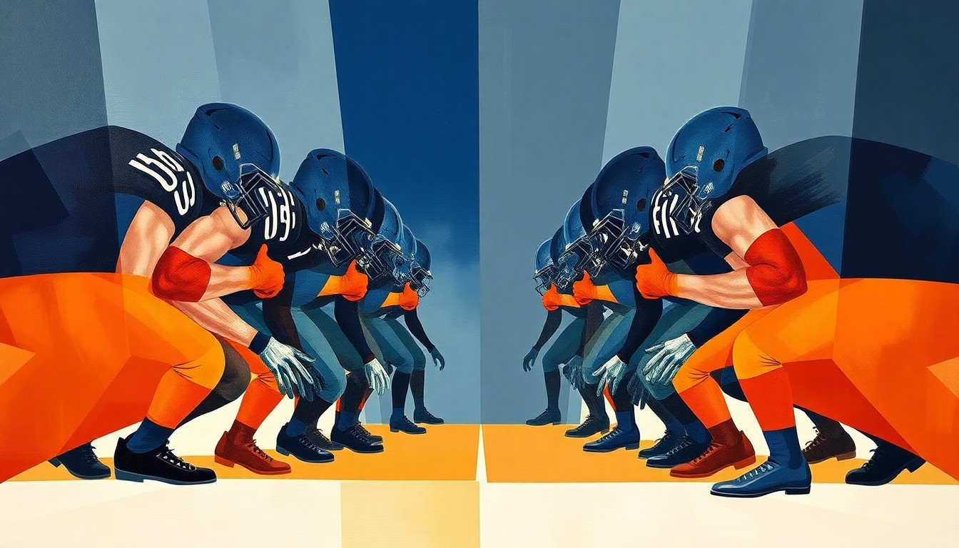 A cubist-style painting featuring sharp, overlapping geometric shapes in navy blue, steel gray, and burnt orange, representing the fragmented nature of the Detroit Lions' offensive line.