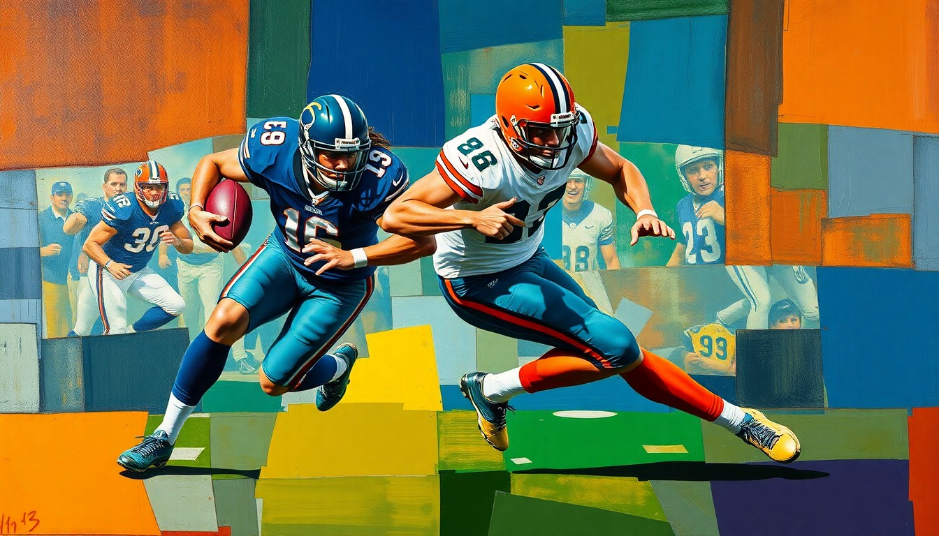 A fractured, geometric painting depicting an EDGE rusher in motion, with sharp planes of navy, green, and orange capturing the raw energy of a pass rush.