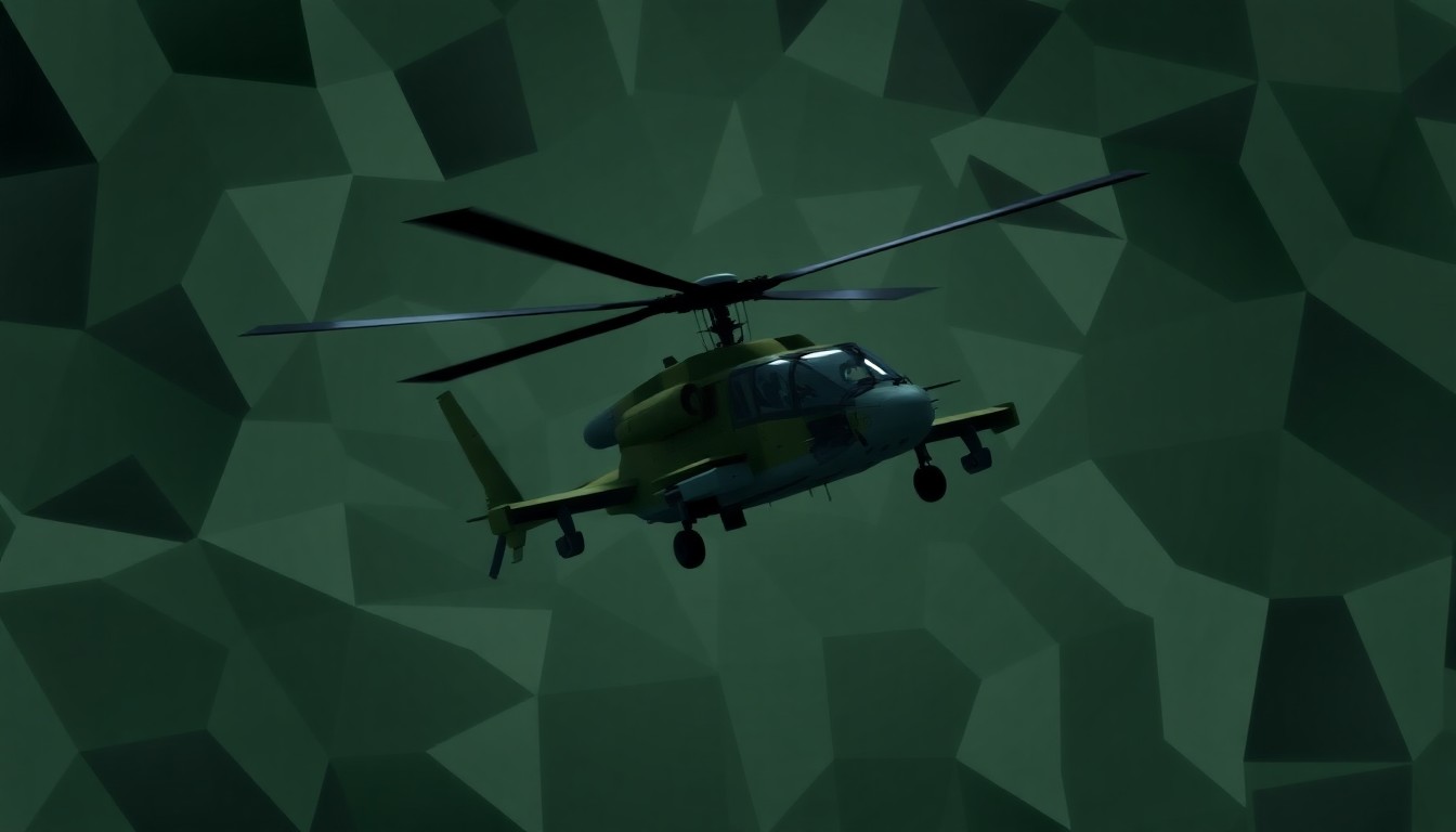 A dynamic, abstract painting featuring an Apache attack helicopter repeated and fractured in overlapping geometric shapes and waves of dark green, gray, and black, conveying a sense of motion and tension.