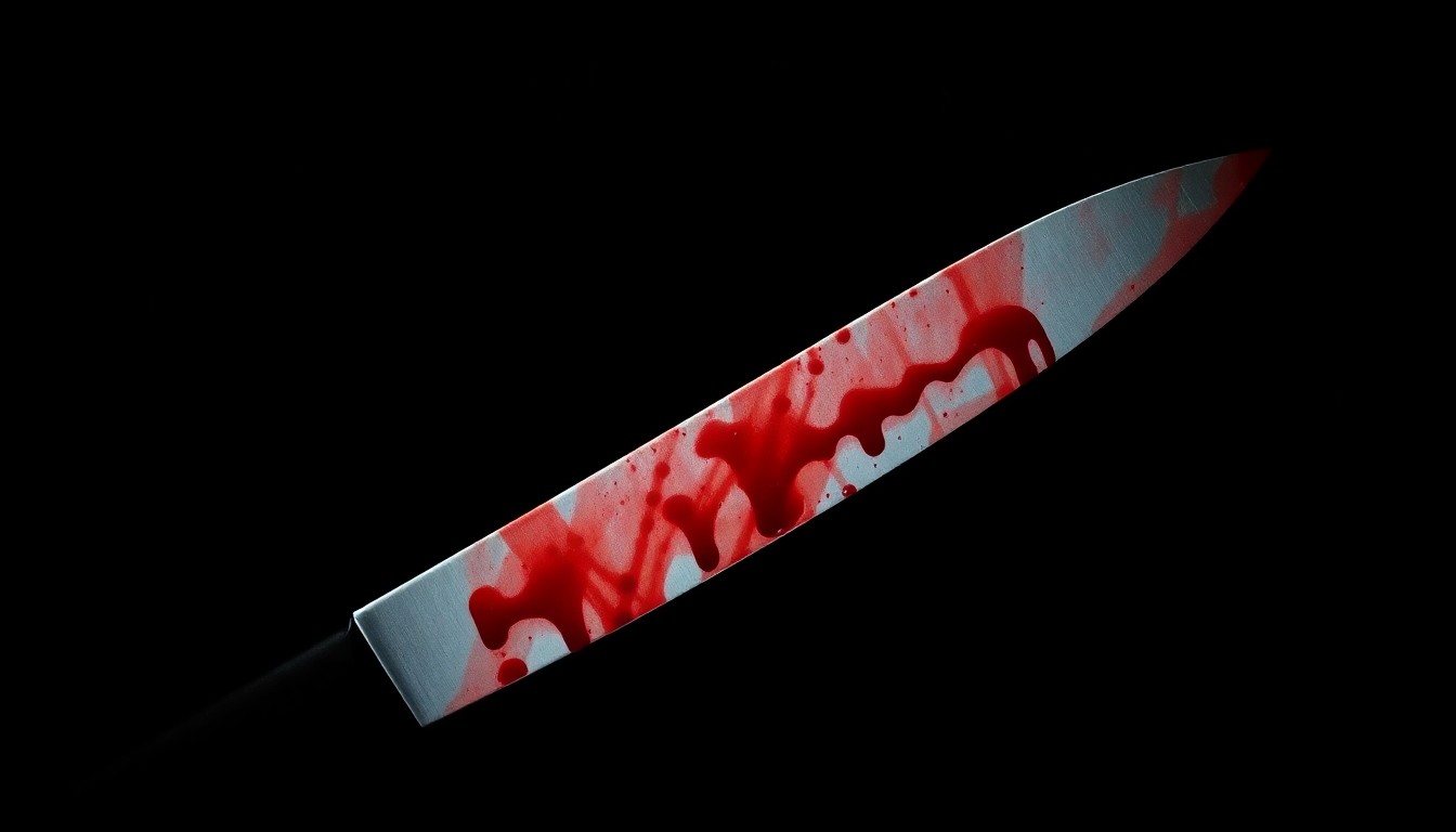 An extreme close-up of a bloodied knife against a pitch-black background, creating a stark, gritty, investigative aesthetic through the use of harsh, direct flash lighting.