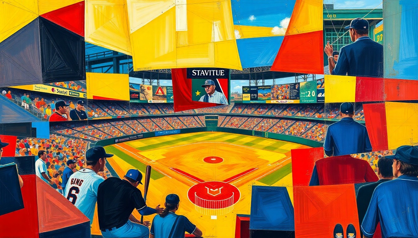 A cubist, geometric painting depicting a baseball game or match, with sharp, overlapping planes of color in deep red, royal blue, and golden yellow, capturing the dynamic action and energy of the sport.