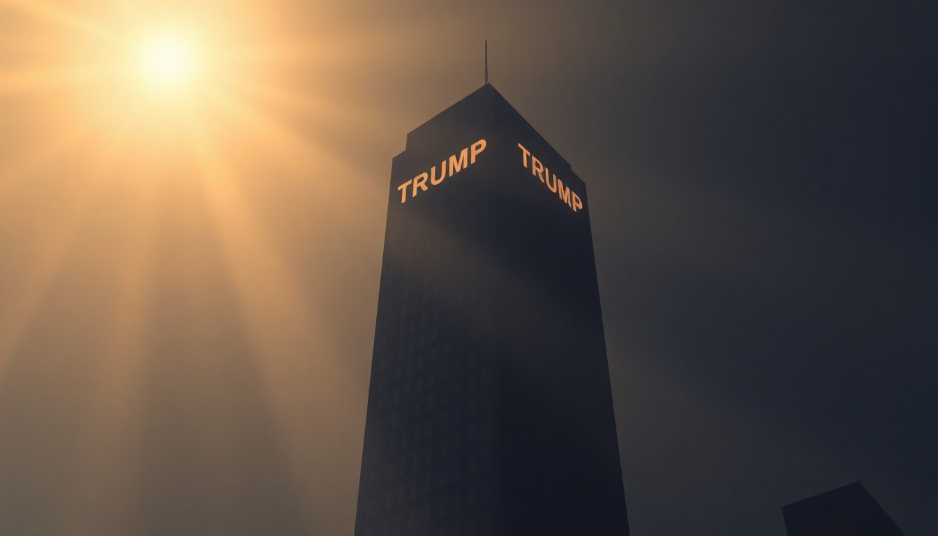 A cinematic painting of a towering skyscraper with the Trump name displayed prominently, bathed in warm, diagonal sunlight and deep shadows, conceptually representing the grandiose vision for the former president's planned library.